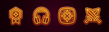 Set Line Game Rating With Medal, Headphones, Target Sport And Sword For Game. Glowing Neon Icon. Vector