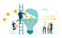 Business People, Team Put Golden Keys Inside Of Big Light Bulb. Working Together, Find Best Solution Concept Illustration 