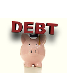 Sticker - Debt text over piggy bank wearing a graduation cap, on white