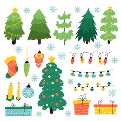 Wall Mural - Christmas toys trees. Holiday new year tree with glass balls, gifts and light bulb garland, cartoon festive candles, green spruces and snowflakes, xmas celebration decor elements vector set