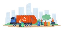 Garbage Transportation. Waste Tanks Shipment In Trash Truck, Scavengers Service, Workers Take City Garbage For Recycling, Colorful Containers, Vector Cartoon Flat Concept