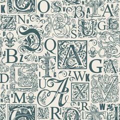 Vector seamless pattern with hand-drawn initial and capital letters on an old paper backdrop. Monochrome repeating background in retro style. Suitable for wallpaper, wrapping paper or fabric design