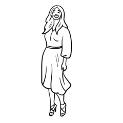 woman with long dress and high shoes. comic, outline, monochrome.