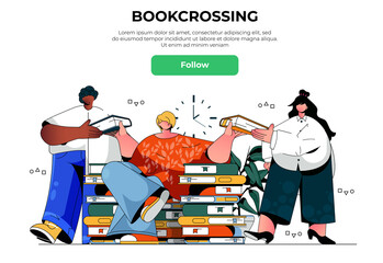 Bookcrossing web banner concept. Men and woman reading, sharing and exchanging paper books, literature readers and library landing page template. Vector illustration with people scene in flat design