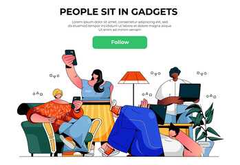Aufkleber - People sit in gadgets web banner concept. Men and women using smartphones or laptops, internet browsing online communication landing page template. Vector illustration with people scene in flat design