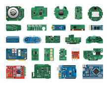 Collection Of Detailed Realistic Microcircuits And Boards. Computer Equipment.