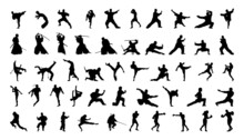 Collection Of Silhouettes Of Martial Arts. Black Vector Icons Of People Engaged In Martial Arts.