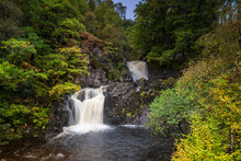 An Autumnal 3 Shot Image Of Eas Chai-aig Waterfall Between Loch Lochy And Loch Arkaig, Highlands, Scotland