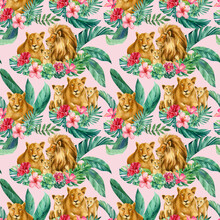 Watercolor Animals, Lion, Lioness And Lion Cubs, Seamless Pattern For Wallpaper Or Fabric