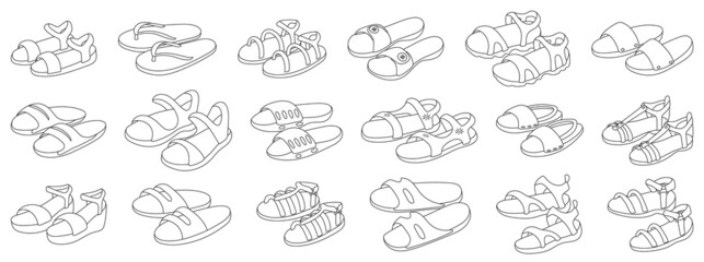 Sticker - Fashion sandal vector illustration set on white background . Summer shoe of sandal outline vector set icon. Isolated outline icon summer footwear.