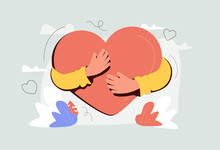 Self Love With Heart Hug As Mental Healthcare And Esteem Tiny Person Concept. Holding Yourself And Be Proud About Body.