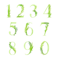 Wall Mural - Number or Numeral Decorated with Green Foliage and Leaf Vector Set