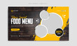 Fast food restaurant menu social media marketing web banner template with logo and icon. Pizza, burger & healthy food business promotion flyer. Abstract sale cover background design.         