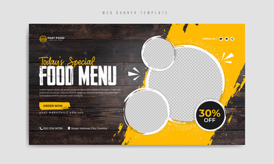 fast food restaurant menu social media marketing web banner template with logo and icon. pizza, burg