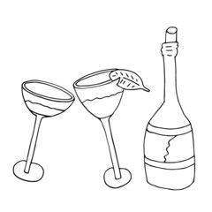 Vector groceries and champagne. Shot glasses and vodka. Wine and groceries. In honor of the holiday. Isolated. Drawn by hand. Coloring pages for children and adults. Cartoon