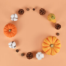 Seasonal Autumn Decoration Like Pumpkins And Fir Cones Forming Circle On Beige Background With Empty Copy Space In Middle