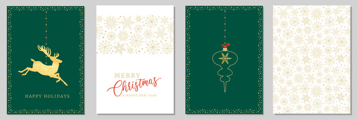 Wall Mural - Holidays cards with Christmas motif, snowflakes, gold ornament snow frames and  green background. Winter vector set templates