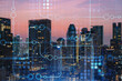 © VideoFlow - Glowing hologram of technological process, aerial panoramic cityscape of Bangkok at sunset. The largest innovative hub of tech services in Southeast Asia. Multi exposure.