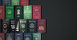 Passport from different countries with dark backgrounds 3d rendering.