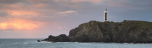 Panoramic View Of Meiras Or Punta Frouxeira Lighthouse At Sunset In Galicia