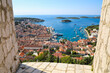 Aerial view of the boat filled harbor of Hvar from the Spanish Fort