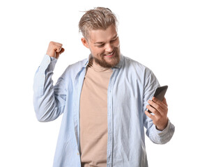 Poster - Happy young man with modern mobile phone on white background