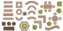 Outdoor Wooden Furniture. Wooden Benches And Plants In Pots Top View. Set Of Vector For Landscape Design . Collection Of Architectural Elements, Plants, Trees, Tables, Benches, Chairs In Flat Style