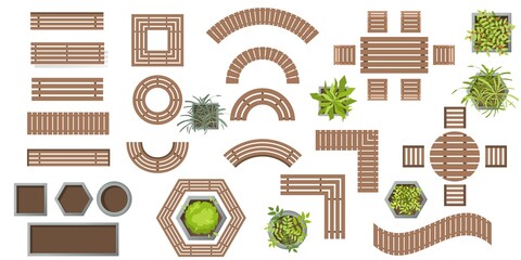 Wall Mural - outdoor wooden furniture. wooden benches and plants in pots top view. set of vector for landscape de