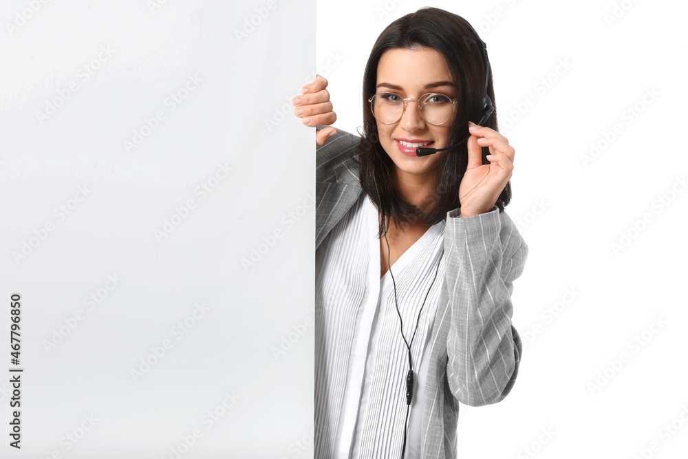 Female technical support agent with blank poster isolated on white
