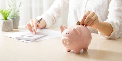 Wall Mural - woman hand putting money coin into piggy for saving money wealth and financial concept