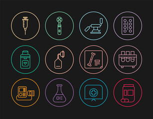 Sticker - Set line Medicine bottle and pills, Test tube flask, Medical dental chair, oxygen mask, Organ container, Syringe, X-ray shots and Electric toothbrush icon. Vector