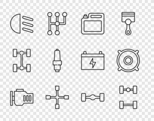 Sticker - Set line Check engine, Chassis car, Canister for motor oil, Wheel wrench, High beam, Car spark plug, and audio speaker icon. Vector