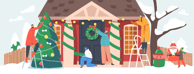 Sticker - Happy Family Decorate House for Christmas. Parents and Kids Hang Festive Wreath and Spruce Branches on Home Door