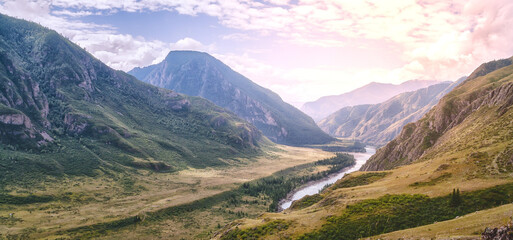 Wall Mural - panorama of the summer landscape in the mountains. The valley of the mountain river Katun turquoise. the river flows between mountains and wide fields. blue sky and clouds view from high point