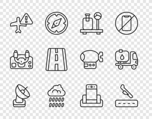 Canvas Print - Set line Radar, Plane landing, Scale with suitcase, Cloud rain, Warning aircraft, Airport runway, Metal detector airport and Fuel tanker truck icon. Vector