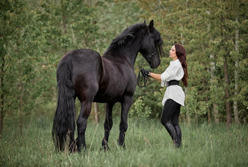 Wall Mural - Beautiful long-haired girl with a Friesian horse