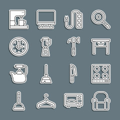 Poster - Set line Armchair, Gas stove, Furniture nightstand, Electric extension, Blender, Clock, Coffee machine and Hammer icon. Vector