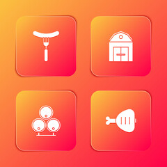 Sticker - Set Sausage on the fork, Farm House, Wooden barrels and Chicken leg icon. Vector