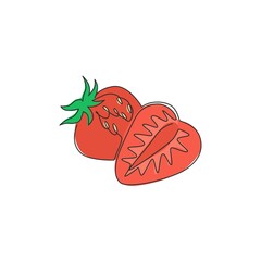 Wall Mural - Single one line drawing sliced healthy organic strawberry for orchard logo identity. Fresh berry fruitage concept for fruit garden icon. Modern continuous line draw graphic design vector illustration