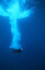 A Young Man SCUBA Diver Between Dives taking  a Break and Diving into the Ocean From the Dive Boat Wearing a Wetsuit and Leaving a Trail of Bubbles