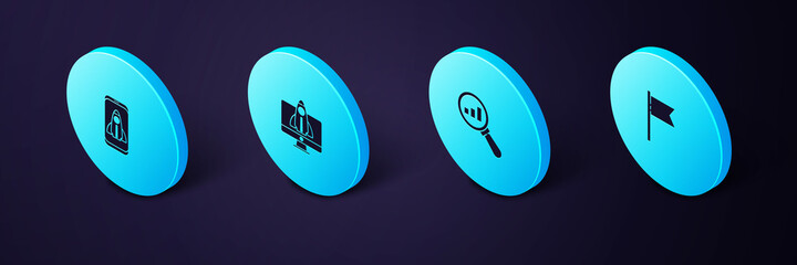 Sticker - Set Isometric Location marker, Magnifying glass and analysis, Startup project concept and icon. Vector