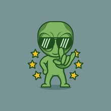 Cute Cartoon Alien Character Giving Cool Rocker Sign. Vector Illustration For Mascot Logo Or Sticker