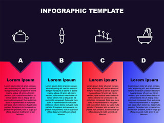 Sticker - Set line Kettle with handle, Pipette, Acupuncture therapy and Bathtub. Business infographic template. Vector
