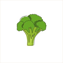 Single continuous line drawing whole healthy organic green broccoli for farm logo identity. Fresh edible green plant concept for vegetable icon. Modern one line draw design graphic vector illustration