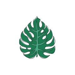 Wall Mural - Single continuous line drawing exotic tropical leaf monstera plant. Printable decorative houseplant concept for home wall decor poster ornament. Modern one line draw design vector graphic illustration