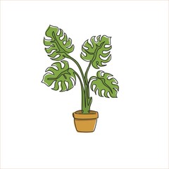 Wall Mural - One single line drawing cute potted tropical leaves monstera plant. Printable decorative houseplant concept for home wall decor ornament. Modern continuous line draw graphic design vector illustration