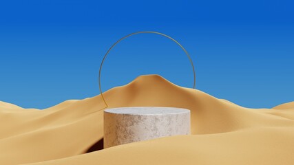 Fototapete - Stone cylinder podium with golden round frame on a desert landscape.Product display plateform template.3D render illustration.