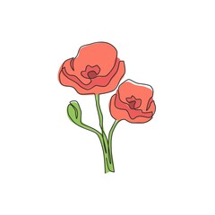 Wall Mural - Single one line drawing beauty fresh herbaceous plant for home decor wall art poster. Printable decorative poppy flower for symbol of remembrance. Continuous line draw design vector illustration