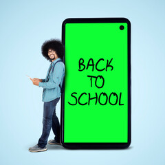 Canvas Print - Male Afro student stand with back to school text