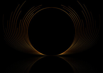 Deluxe golden minimal round lines abstract futuristic tech background with reflection. Vector digital art design